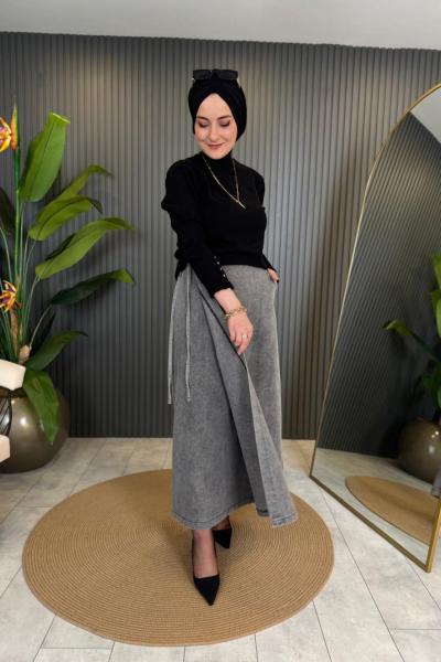 Bağlamalı Kot Etek Gri
