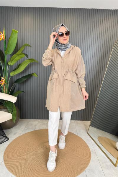 Aura File Detaylı Kapşonlu Kap Latte