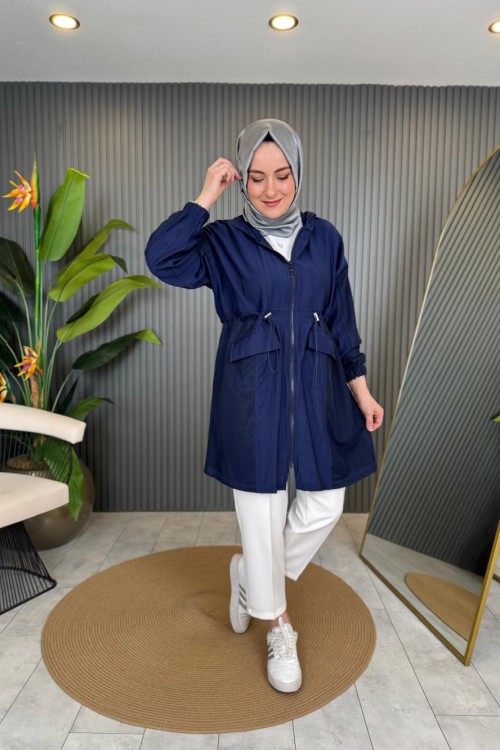 Aura File Detaylı Kapşonlu Kap Lacivert