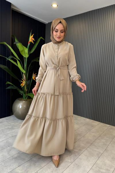 Fiyonk Düğmeli Elbise Bej
