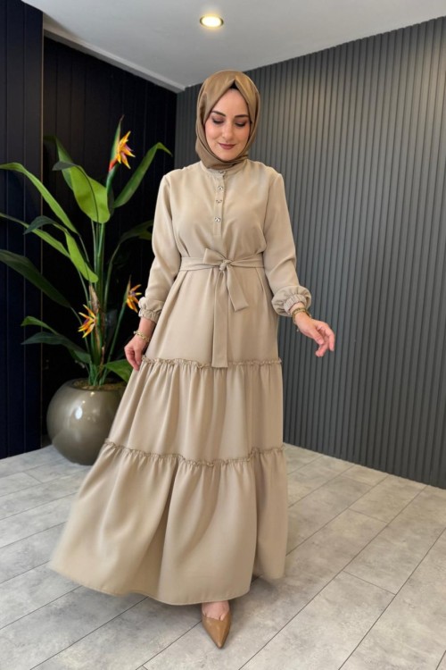 Fiyonk Düğmeli Elbise Bej