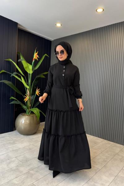 Fiyonk Düğmeli Elbise Siyah