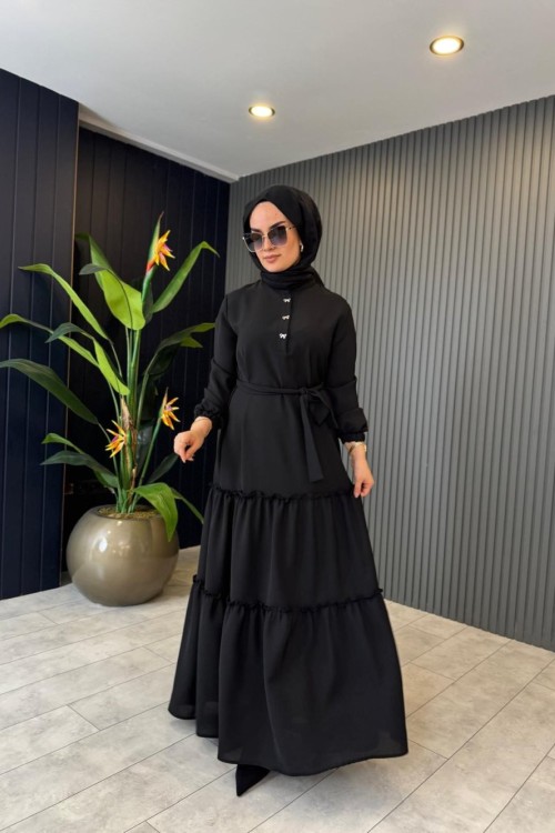 Fiyonk Düğmeli Elbise Siyah