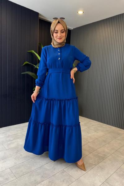 Fiyonk Düğmeli Elbise Saks Mavisi