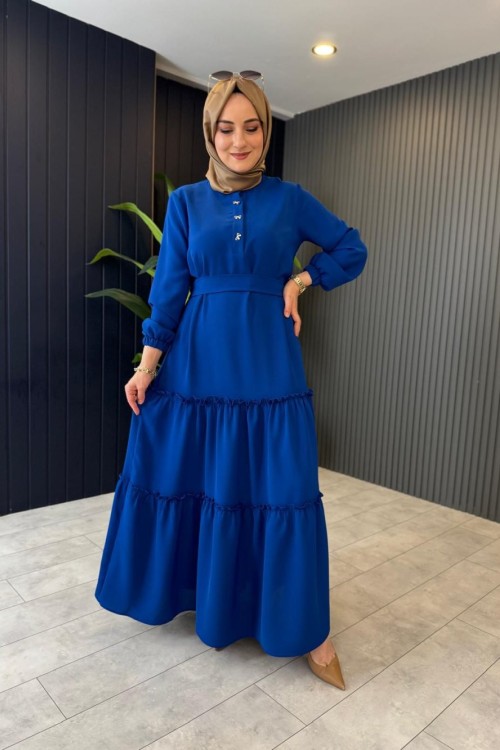 Fiyonk Düğmeli Elbise Saks Mavisi