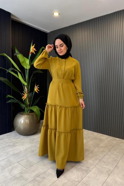 Fiyonk Düğmeli Elbise Safran