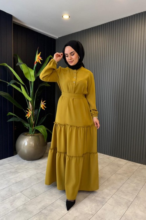 Fiyonk Düğmeli Elbise Safran