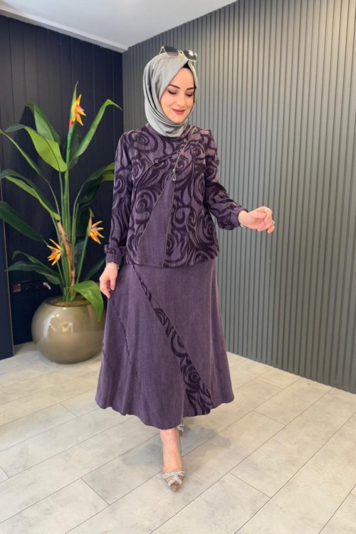 Önü Fermuar Detaylı Qupra Takım Mürdüm