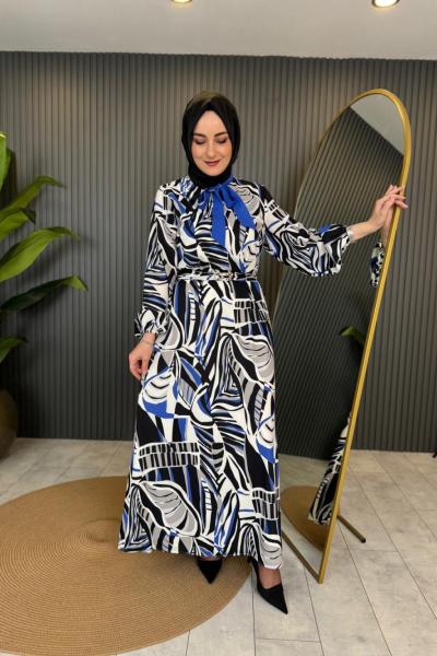 Taş Detay Kemerli Elbise Saks Mavisi