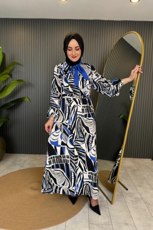 Taş Detay Kemerli Elbise Saks Mavisi