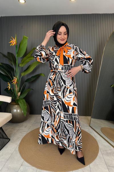 Taş Detay Kemerli Elbise Turuncu