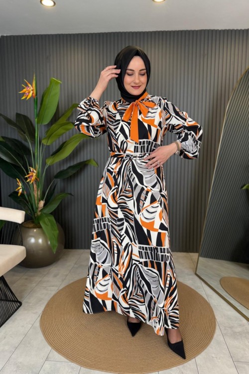 Taş Detay Kemerli Elbise Turuncu