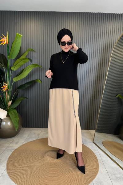 Fermuarlı Etek Bej