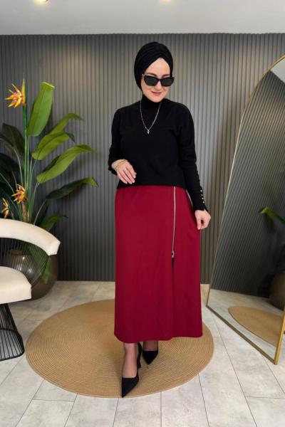 Fermuarlı Etek Bordo