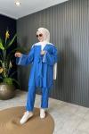 Kolları Nakışlı Pantolonlu Takım İndigo Mavi