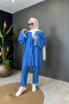 Kolları Nakışlı Pantolonlu Takım İndigo Mavi