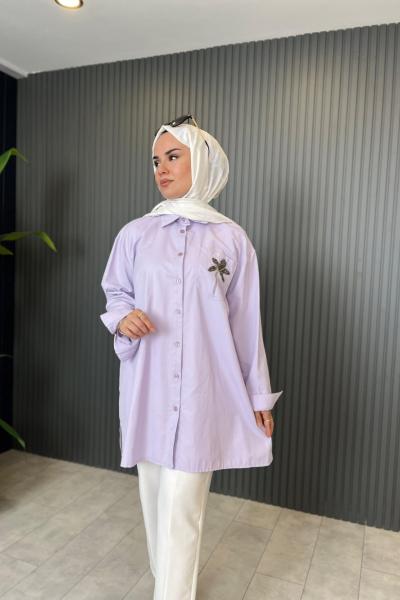Palmiye İşlemeli Poplin Gömlek Lila