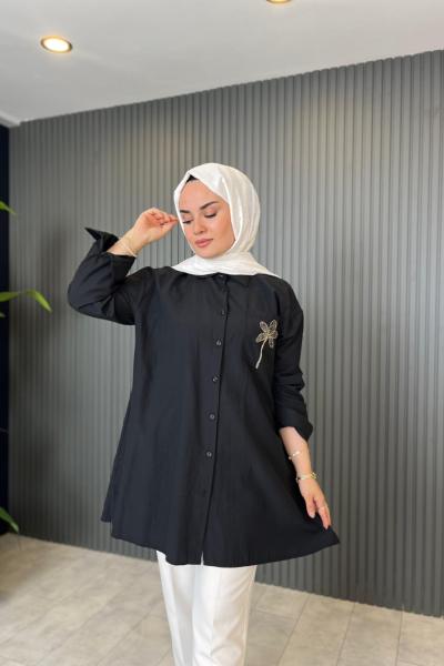 Palmiye İşlemeli Poplin Gömlek Siyah