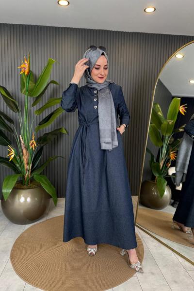 Likralı Tensel Kot Elbise Lacivert