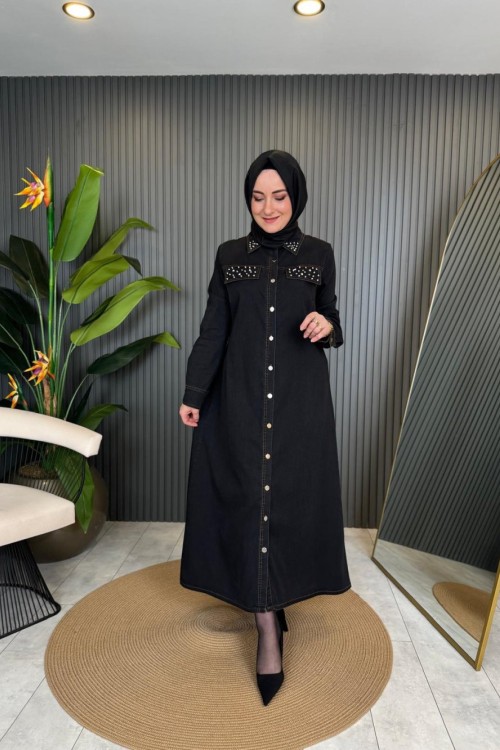 Cebi Taş Detaylı Gömlek Elbise Siyah