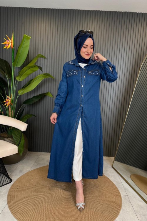 Cebi Taş Detaylı Gömlek Elbise Mavi