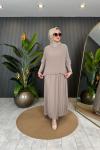 Kolu Tilda Detaylı Şifon Kraşlı Etekli Takım Bej