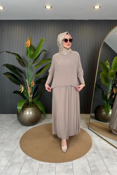 Kolu Tilda Detaylı Şifon Kraşlı Etekli Takım Bej