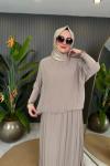 Kolu Tilda Detaylı Şifon Kraşlı Etekli Takım Bej