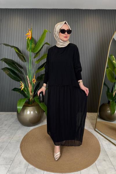 Kolu Tilda Detaylı Şifon Kraşlı Etekli Takım Siyah