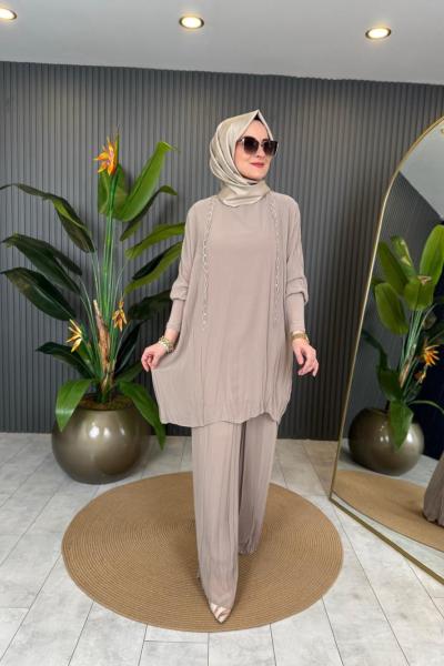 Kolu Tilda Detaylı Zincir Halka İşlemeli Kraşlı Takım Bej