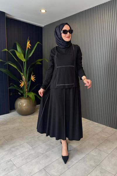 Biye Detaylı Etekli Bambu Takım Siyah