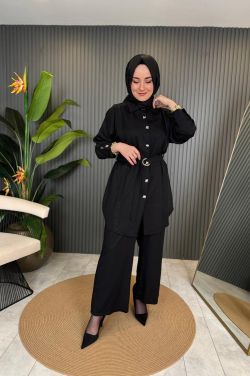 Gömleği Taşlı İthal Lina Takım Siyah
