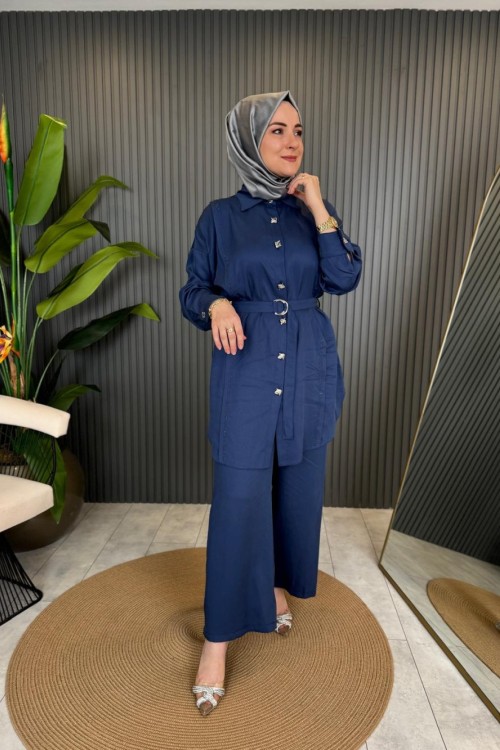 Gömleği Taşlı İthal Lina Takım Mavi