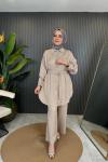 Gömleği Taşlı İthal Lina Takım Bej