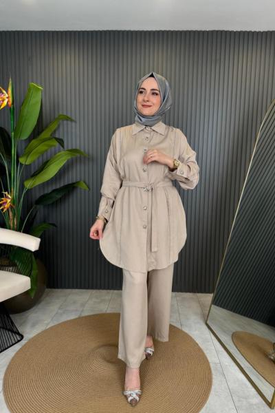 Gömleği Taşlı İthal Lina Takım Bej