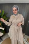 Gömleği Taşlı İthal Lina Takım Bej