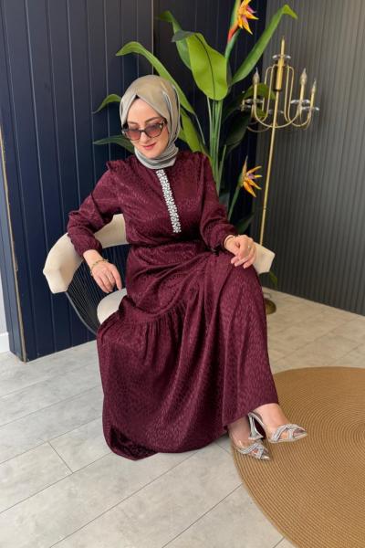 Taşlı Jakar Elbise Bordo