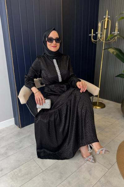 Taşlı Jakar Elbise Siyah