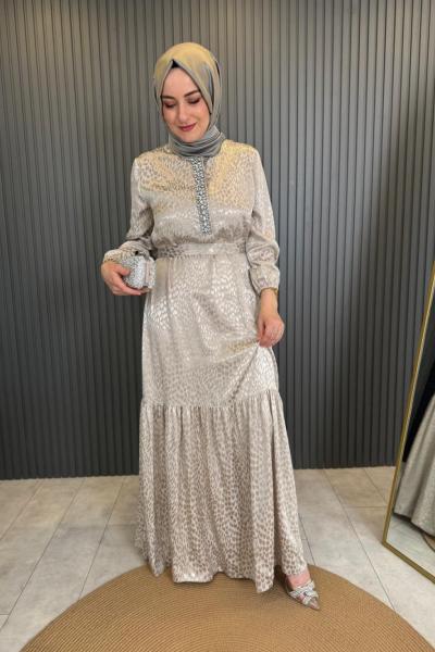 Taşlı Jakar Elbise Bej