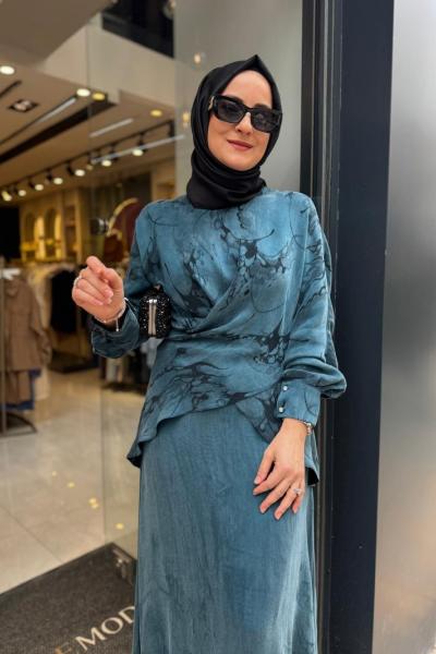 Bel Bağlama Detaylı Etekli Takım Petrol Mavisi