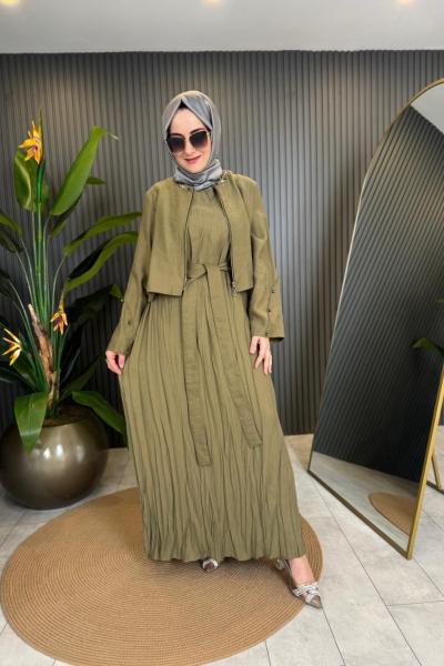 Arkası Çapraz Bağlamalı Bolerolu Pasion Elbise Haki