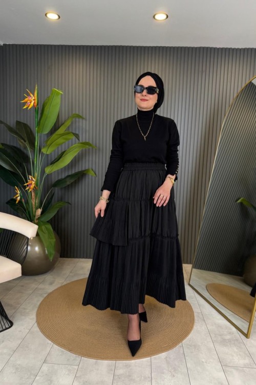 Dubai Pliseli Etek Siyah