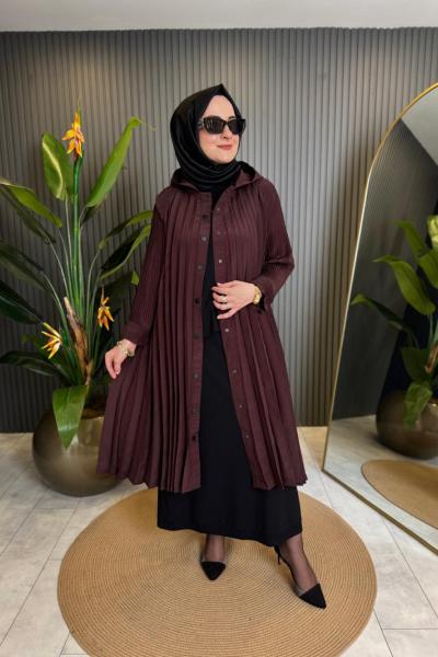Önden Çıt Çıt Ve Plise Kolları Akardiyon Dubai Kap Kızıl Kahve