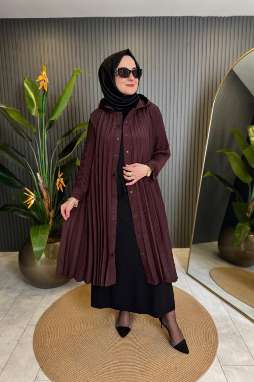 Önden Çıt Çıt Ve Plise Kolları Akardiyon Dubai Kap Kızıl Kahve
