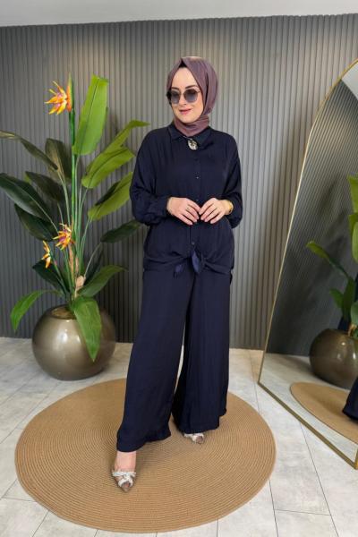 Önden Düğmeli Pantolonlu Tunik Takım Lacivert