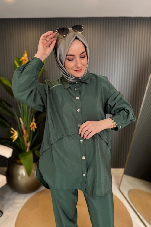 Pantolonu Ve Tuniği Fermuar Ve Çıt Çıt Detaylı Dubai Takım Yeşil