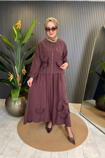 Eteği Ve Ceketi Bakır Kum Boncuk Detaylı Pasıon Etekli Takım Kızıl Kahve