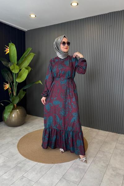 Desenli Kuşak Detaylı Elbise Mürdüm