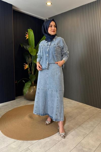 Cebi Taş Detaylı Kot Etekli Takım Mavi