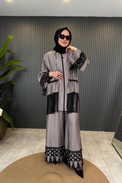 Dantel Detaylı Kupra TAkım Vizon